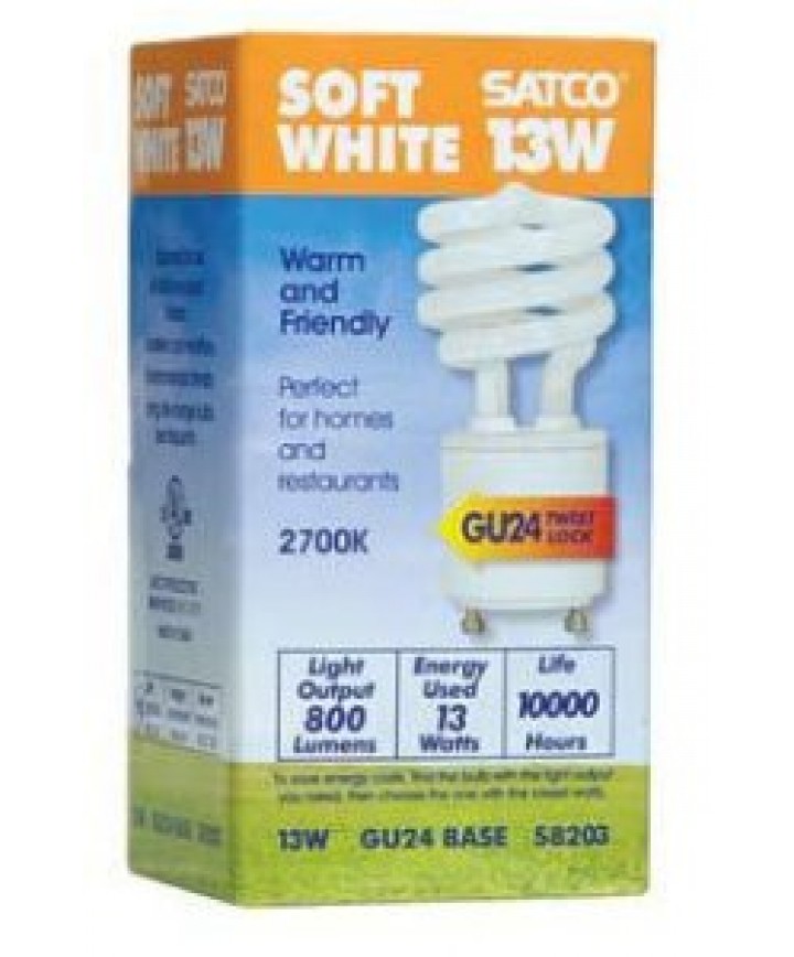 Satco S8203 Satco Light Bulbs CFL13/Mini/Spiral/27K/GU24 Soft White Compact  Fluorescent Lamp 13W T2 Mini Spiral GU24 2700K Bulb (CFL) -  Lighting2LightBulbs.com